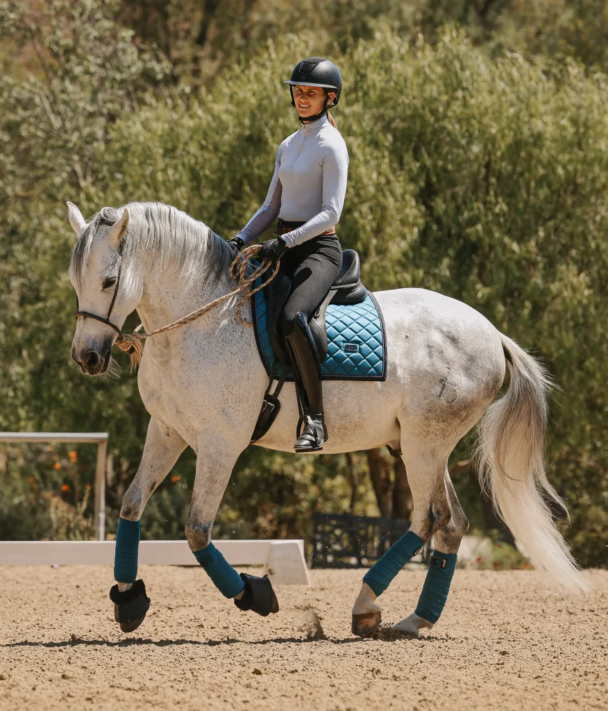 A rider in a helmet and riding attire guides a white horse with blue gear across a sandy arena. Green trees frame the scene—perfect for practicing before the Open or Round 2025, just 30 Days to Round!.