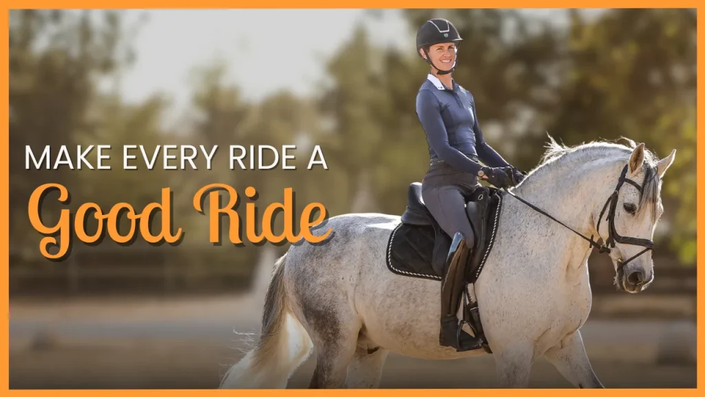 A person in equestrian gear rides a white horse outdoors, moving with perfect rhythm. Trees blur in the background. Text reads, Make every ride a good ride. An orange border frames the image for Better Riding.