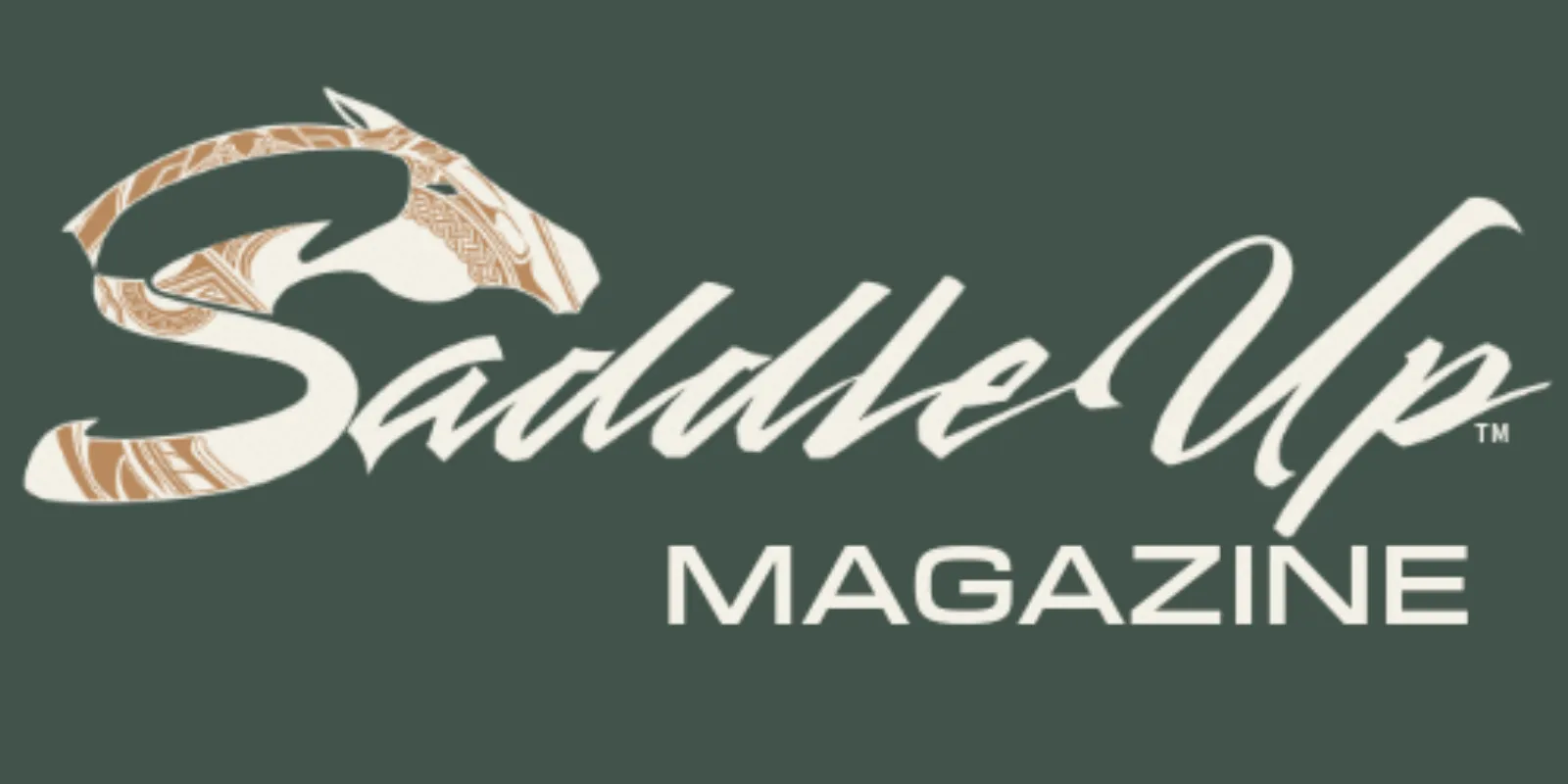 Logo for Saddle Up Magazine featuring a stylized horse head with decorative patterns, reflecting Dressage Training, alongside the words Saddle Up in cursive script and MAGAZINE in bold uppercase letters on a dark background.