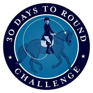 A blue circular logo with the words 30 Days Round Challenge around the edge, featuring an illustration of a rider in equestrian gear taking strides on a horse in the center.