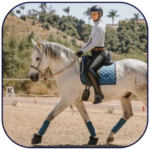 A person in riding gear smiles while riding a white horse with blue tack and leg wraps in an outdoor arena, surrounded by trees and hills on a sunny day—perfect inspiration for your Free Worksheet after the Connection Webinar.