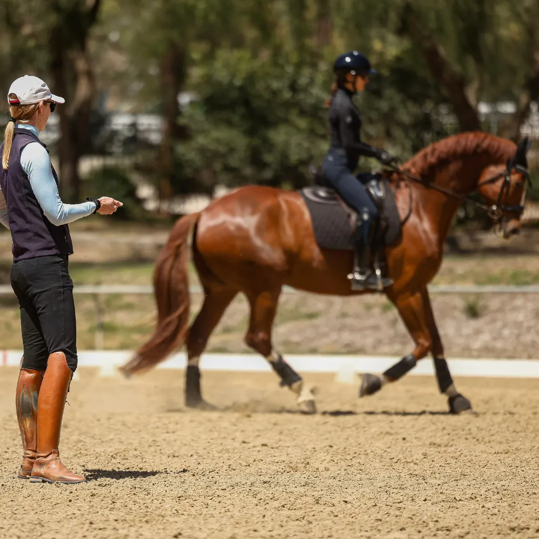 A woman in riding gear instructs another rider on a chestnut horse in an outdoor arena during a 30 Days training program. The coach stands on the sand as the rider and horse move past, with trees and a fence visible in the background.