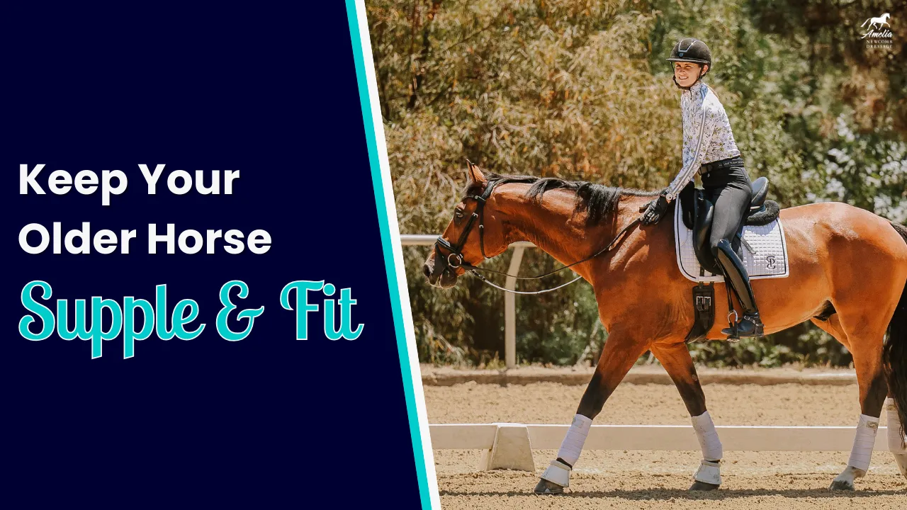 A smiling rider in a helmet and patterned shirt rides a brown, supple older horse in an outdoor arena. Text on a blue background reads, Keep Your Older Horse Supple & Fit.