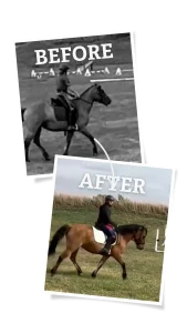 Welcome to 30 Days Round! Two photos show a person riding a horse in an outdoor field; the top black-and-white "BEFORE" image and the bottom color "AFTER" image both capture the horse's strides as it trots.