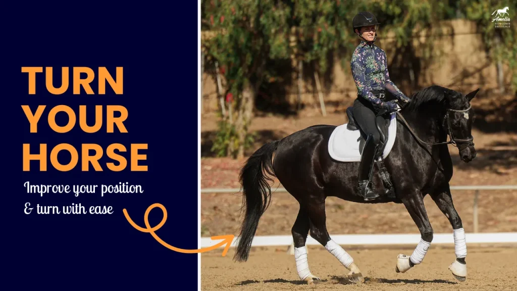 A person on a black horse riding in an outdoor arena, wearing a helmet and patterned shirt. Text on the left reads: TURN YOUR HORSE: Stop leaning to improve your position and enjoy smooth turning with ease.