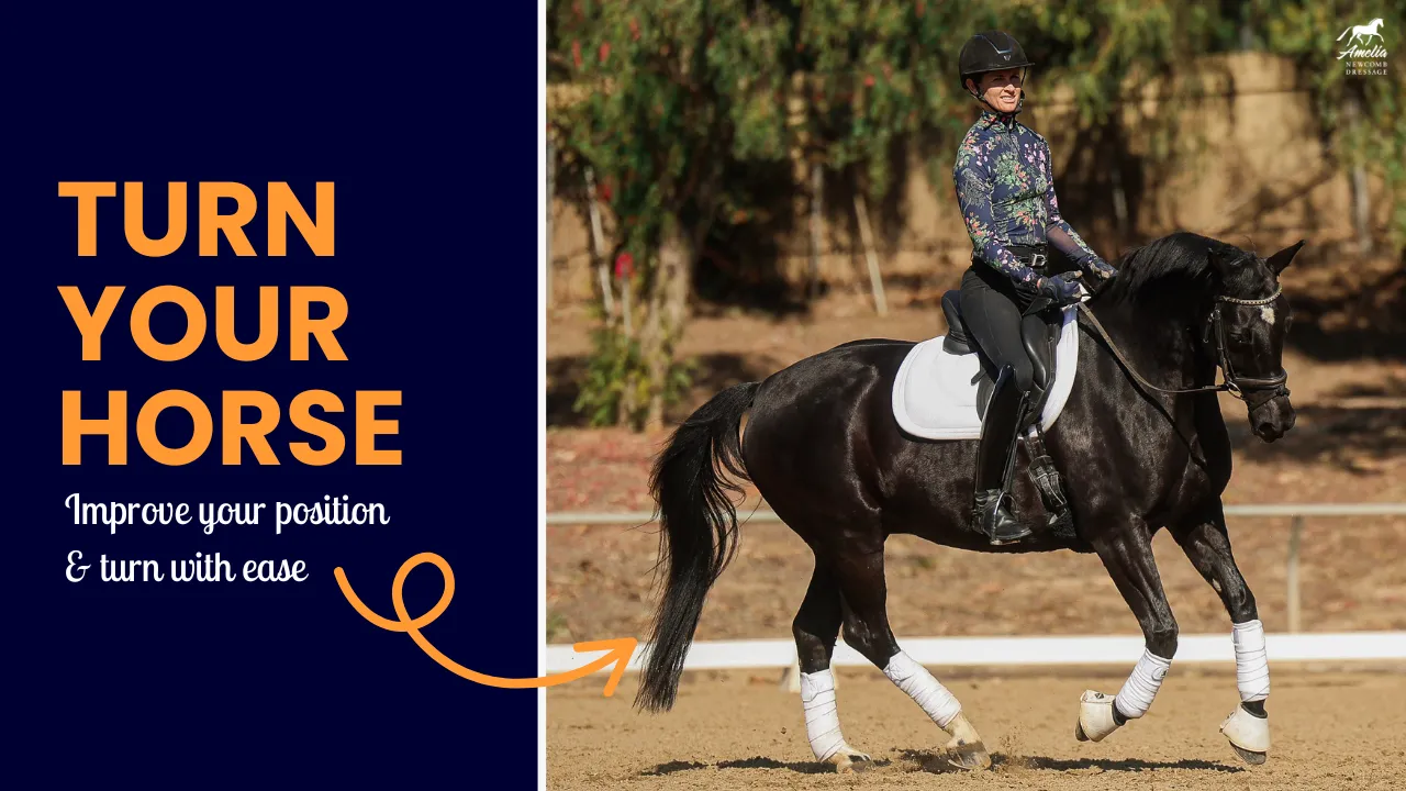 A person on a black horse riding in an outdoor arena, wearing a helmet and patterned shirt. Text on the left reads: TURN YOUR HORSE: Stop leaning to improve your position and enjoy smooth turning with ease.