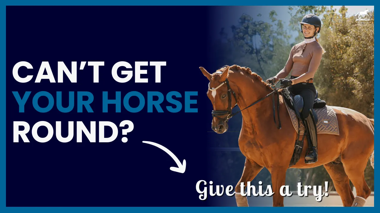 A smiling person rides a brown horse outdoors, aiming for more roundness in their ride. Text on the image says, CAN’T GET YOUR HORSE ROUND? Give this a try! An arrow points toward the horse and rider.