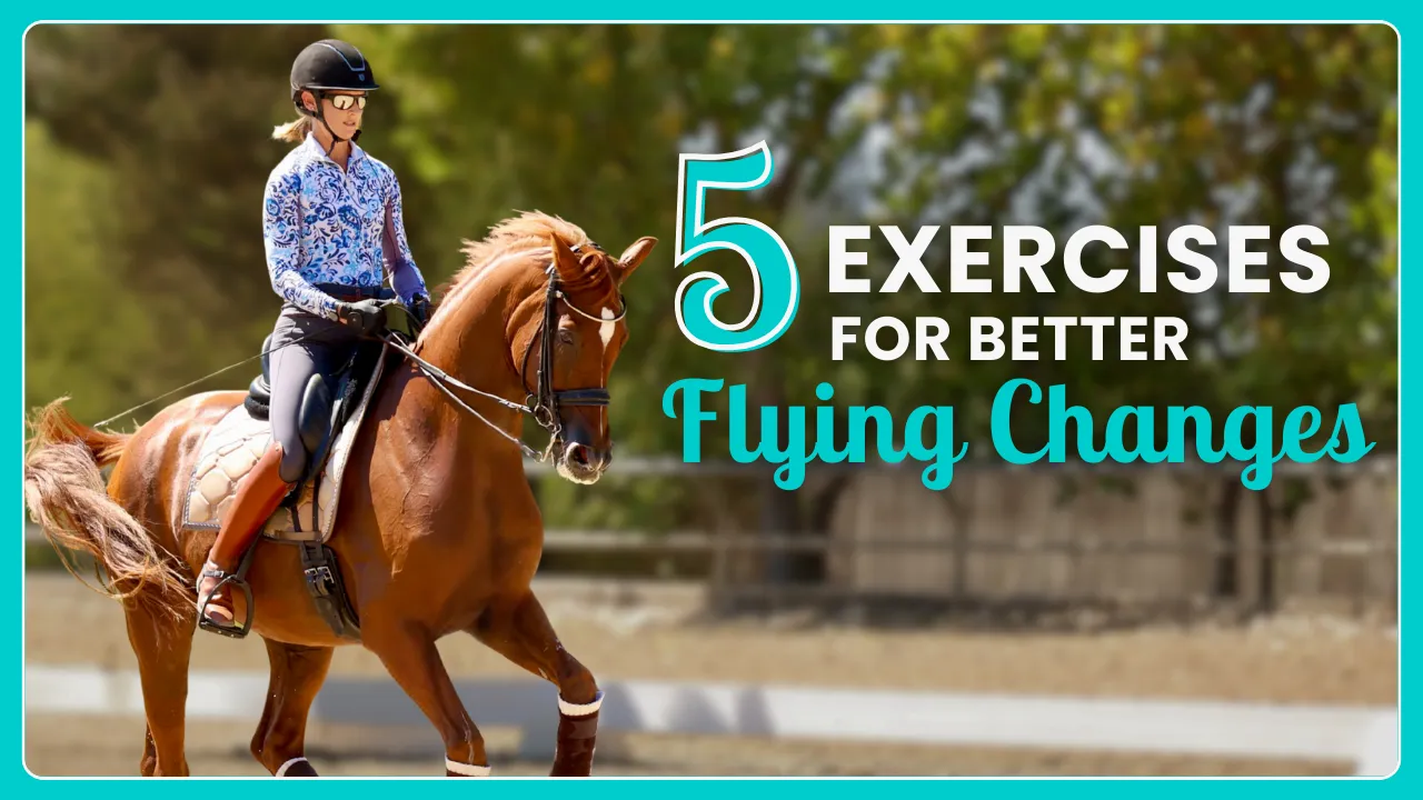 A person riding a chestnut horse in an outdoor arena, wearing a helmet and patterned shirt. Text reads: 5 Riding Exercises for Better Flying Changes. Green trees are blurred in the background, highlighting focused horse training.