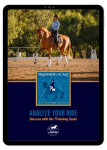 A woman rides a chestnut horse in an outdoor arena with her PIVO. The image promotes a Training Scale Masterclass: An Introduction, featuring the phrase Analyze Your Ride – Success with the Training Scale at the bottom.