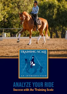 A rider in a helmet and blue shirt rides a chestnut horse in an outdoor arena. Below is a blue poster for the Sold Out Training Scale Master Class: An Introduction, plus the text Analyze Your Ride: Success with the Training Scale, filmed with PIVO.