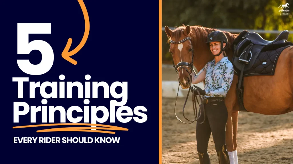 A smiling equestrian stands next to a saddled horse outdoors. Text on a dark background reads: “5 Training Principles Every Rider Should Know”—perfect rider training tips—with an arrow pointing to the number five.