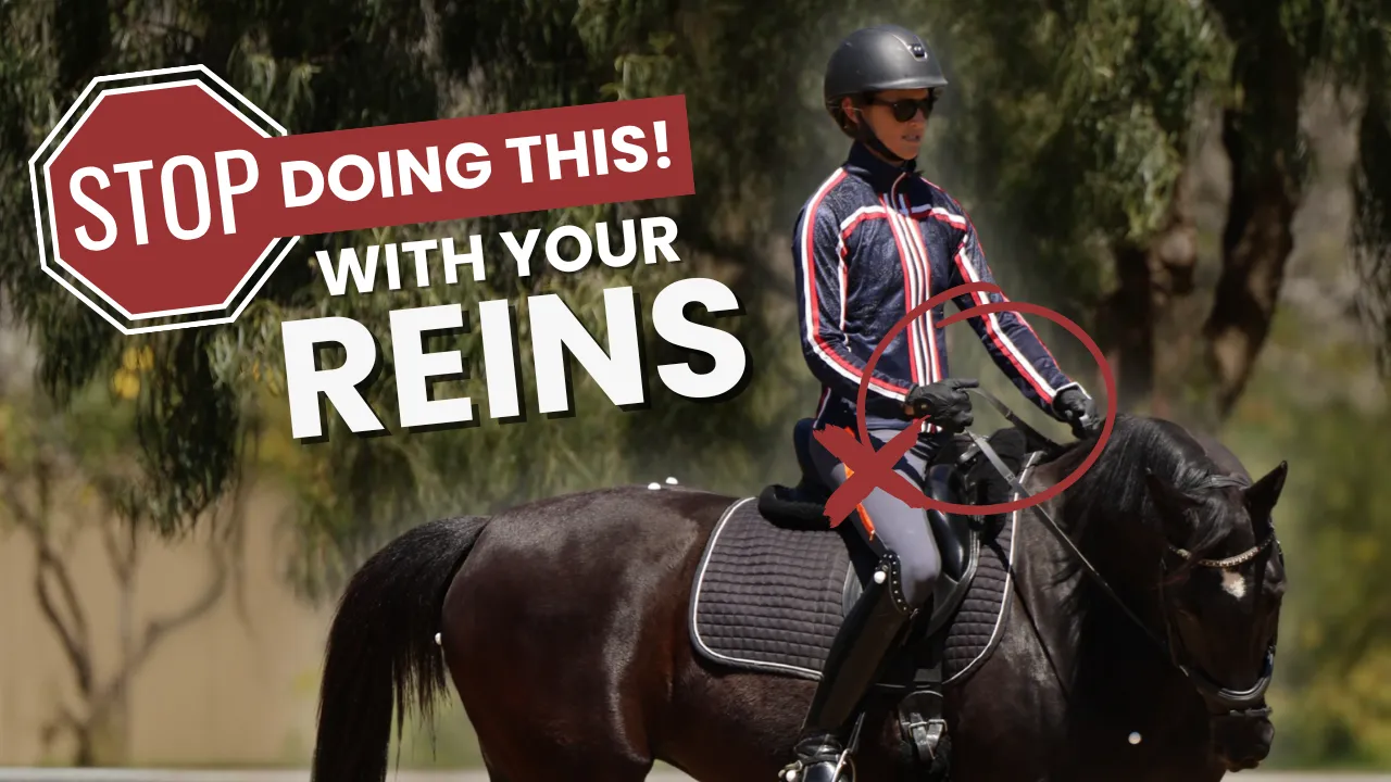 A person in a riding outfit and helmet rides a black horse. Overlaid text reads STOP DOING THIS! WITH YOUR REINS, with a red X on the rider’s hands, offering horse riding tips to steer with your legs instead of just using reins.