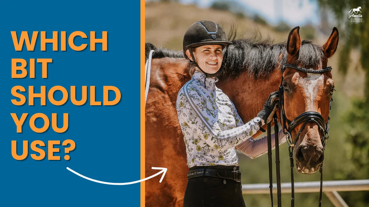 A smiling equestrian wearing a helmet stands next to a brown horse. On the left, bold orange text on a blue background reads, Bit Selection: Which bit should you use? with a white arrow pointing to the horse’s mouth.