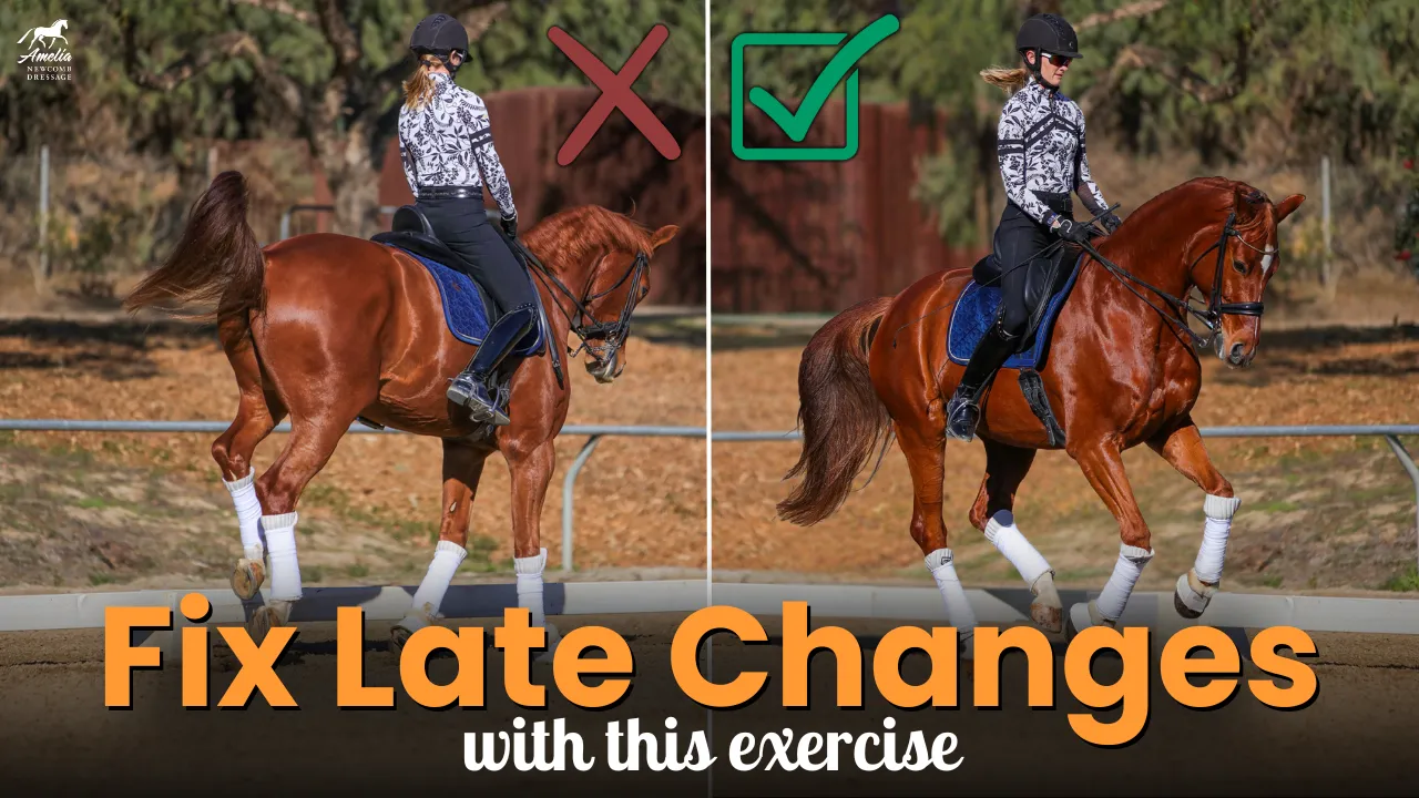 Side-by-side images of a horse and rider showing incorrect (left, with a red X) and correct (right, with a green check) riding posture, with the text Fix Late Flying Changes with this flying changes exercise at the bottom.