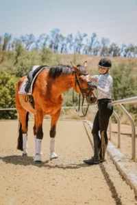 A woman in equestrian gear stands beside a brown horse on a sandy riding arena, smiling and gently petting the horse’s head—showcasing the importance of groundwork essentials. Trees and a blue sky are visible in the background.