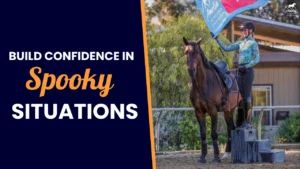 A person stands on a spooky horse holding a large blue flag, while another stands nearby. Text reads, Build confidence in spooky situations. The scene takes place in an outdoor arena during a horse training session.
