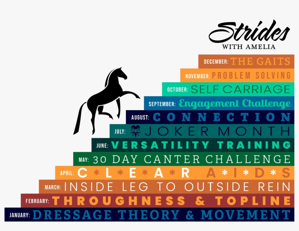 A black horse silhouette climbs colorful stair steps labeled with monthly equestrian training themes, from Dressage Theory & Movement in January to The Gaits in December, with "Strides 2026" and "Strides with Amelia" featured in the design.