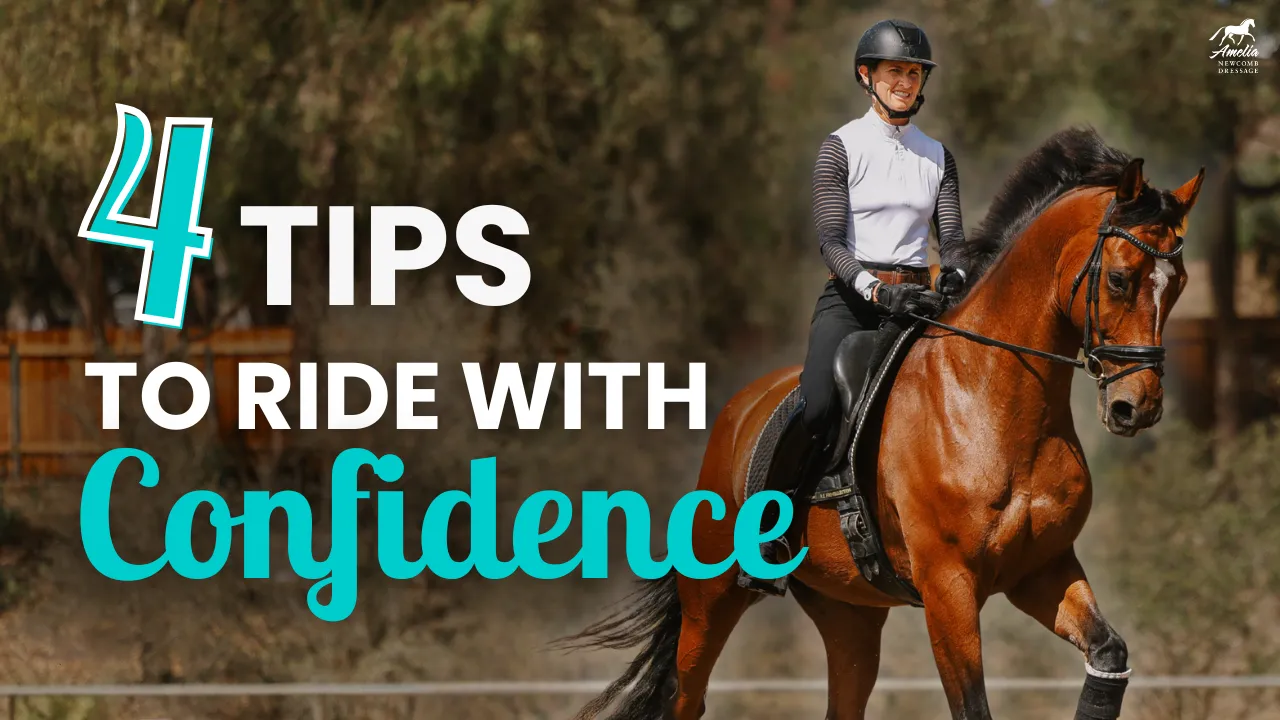 A smiling person wearing a helmet rides a brown horse outdoors, building trust with their horse. Large text on the image reads: 4 Tips to Ride with Confidence.