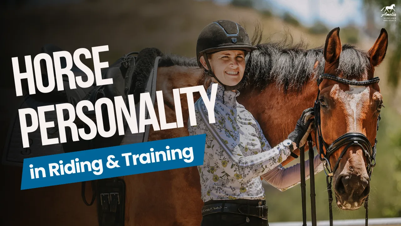A smiling person wearing a helmet stands beside a saddled horse, holding the reins. Large text reads Horse Personality in Riding & Training. The outdoor background is slightly blurred, highlighting how understanding horse personality leads to better riding.