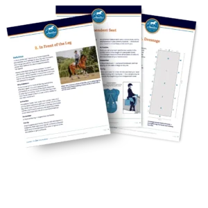 Three overlapping equestrian training guide pages feature text, diagrams, and photos of riders on horses. Topics include In Front of the Leg, Independent Seat, and a dressage glossary—all provided in a free PDF with clear instructional content and illustrations.