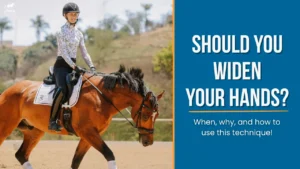 A smiling equestrian rides a brown horse in an outdoor arena. Text beside them reads: Should you widen your hands? When, why, and how to use this technique! The background shows trees and hills—similar to cycling hand position advice.