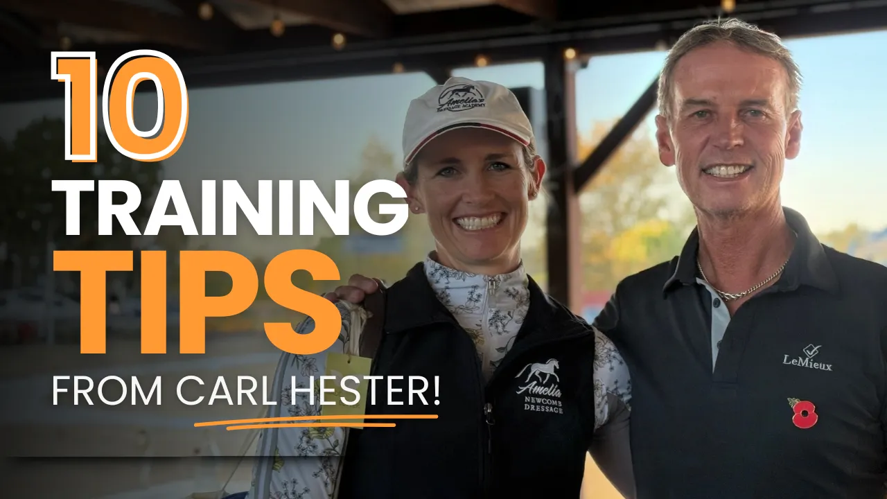 Two smiling people in equestrian attire and hats stand indoors, beneath string lights. Text reads: 10 Riding Tips from Carl Hester! The duo’s experience shines in this scene filled with equestrian inspiration and expert advice.