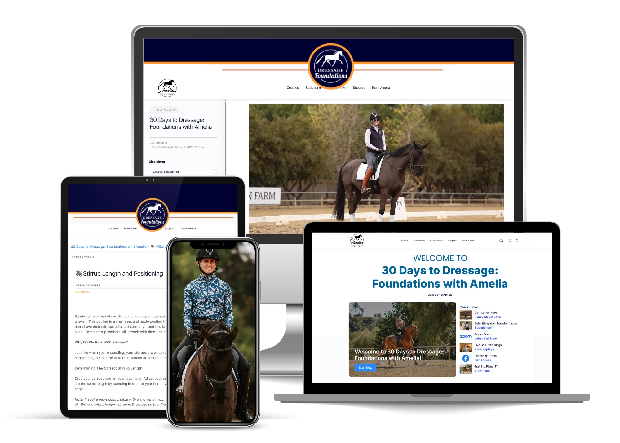 Four devices display the 30 Days to Dressage: Foundations with Amelia Sale Page, featuring images of a woman riding a horse and Dressage Foundations course content on computer, tablet, and mobile screens.