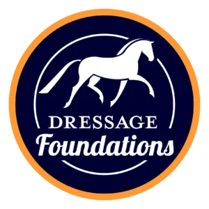 A circular logo with an orange border features a white horse silhouette and the words Dressage Foundations in white text on a dark blue background, perfect for highlighting your dressage sale page.