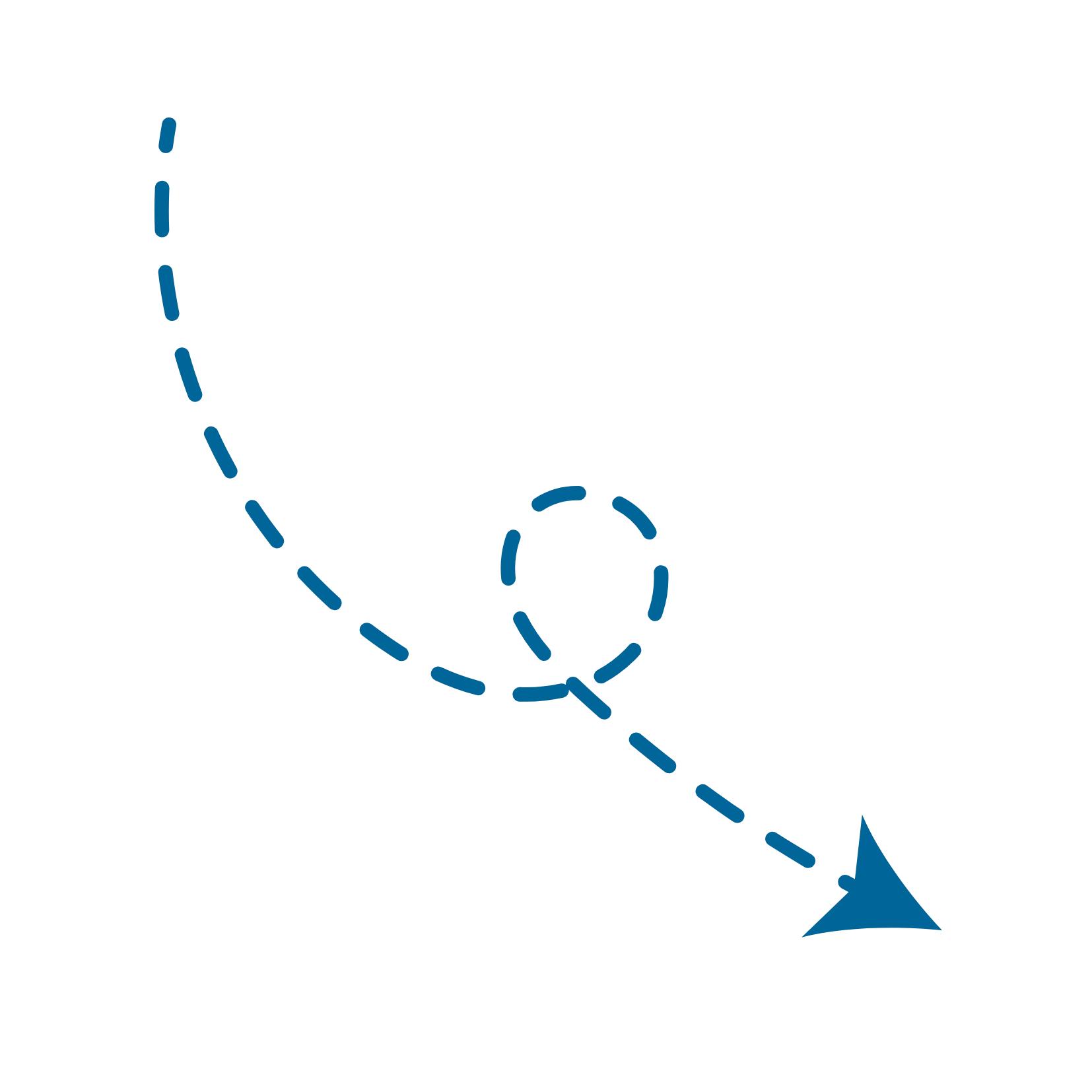 A blue dashed line curves downward, loops once in the middle, and ends with a solid arrow pointing down and right—perfect for illustrating progress in Dressage Training or highlighting steps in a Dressage Foundations Sale.