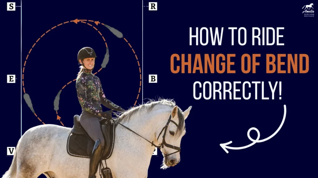 A smiling rider on a white horse demonstrates a dressage movement. The text reads, How to ride change of bend correctly! with a diagram illustrating the riding circle and dressage arena markers in the background.