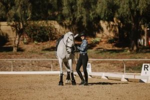 A person in equestrian gear stands next to a white horse in a sandy outdoor arena, smiling and holding the reins after a Dressage Training session, with trees and a fence in the background.