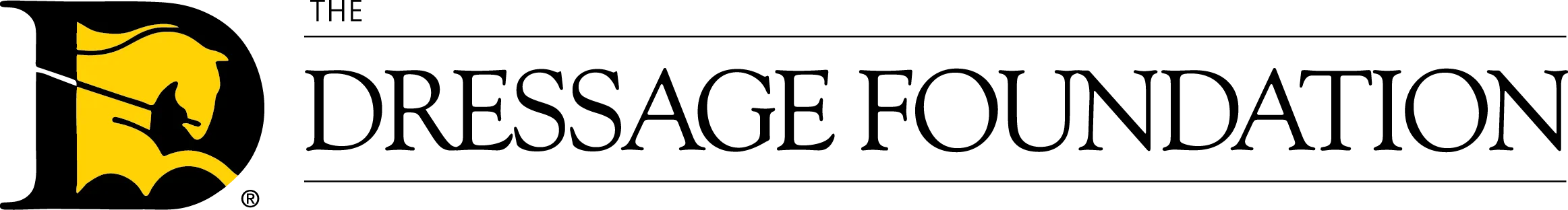 A yellow flag with a black silhouette of a horse and rider jumping over an obstacle, representing the spirit of dressage training, next to the text United States Eventing Association in black.