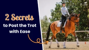 A smiling equestrian rides a brown horse in an outdoor arena. Next to them, bold text reads: 2 Secrets to Fix Posting Trot and Stop Bouncing, with an arrow pointing towards the rider.