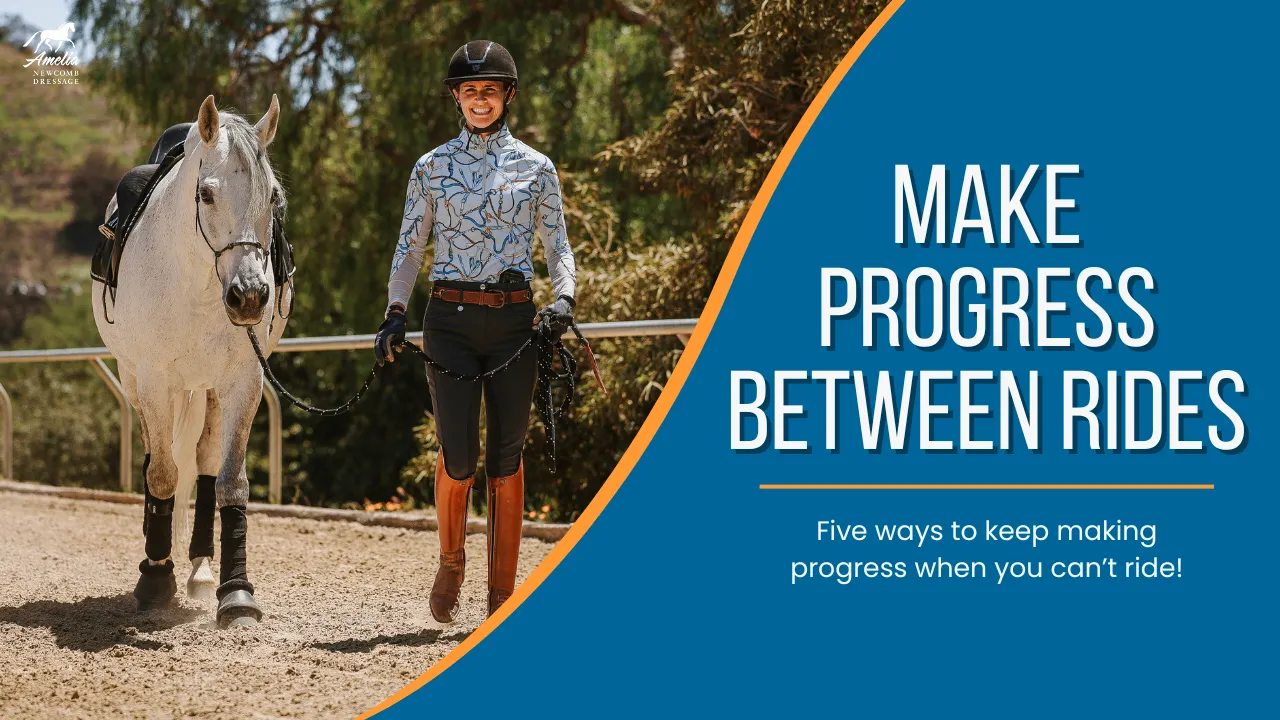 A woman in equestrian gear walks beside a white horse in a sandy arena. To the right, text reads: “MAKE PROGRESS BETWEEN RIDES. Five riding tips to help you make progress even if you’re only riding a few days a week!”.