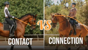 Split image: left side labeled Contact shows a rider holding reins taut; right side, labeled Connection, features a smiling rider and relaxed horse in harmony. VS stands boldly in the center.