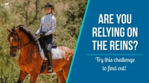 A smiling equestrian rides a brown horse outdoors. Text next to her reads, ARE YOU RELYING ON THE REINS? Try this horse riding challenge to test your riding techniques! Blue and white graphics are included.