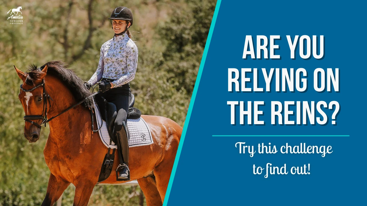A smiling equestrian rides a brown horse outdoors. Text next to her reads, ARE YOU RELYING ON THE REINS? Try this horse riding challenge to test your riding techniques! Blue and white graphics are included.