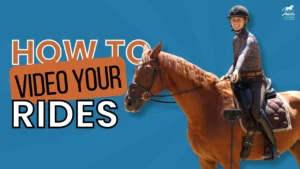 A smiling equestrian on a chestnut horse holds a camera on a stick. Text reads “How to film your rides” on a blue background with the Amelia Newcomb Dressage logo in the corner—perfect tips for those who ride alone.