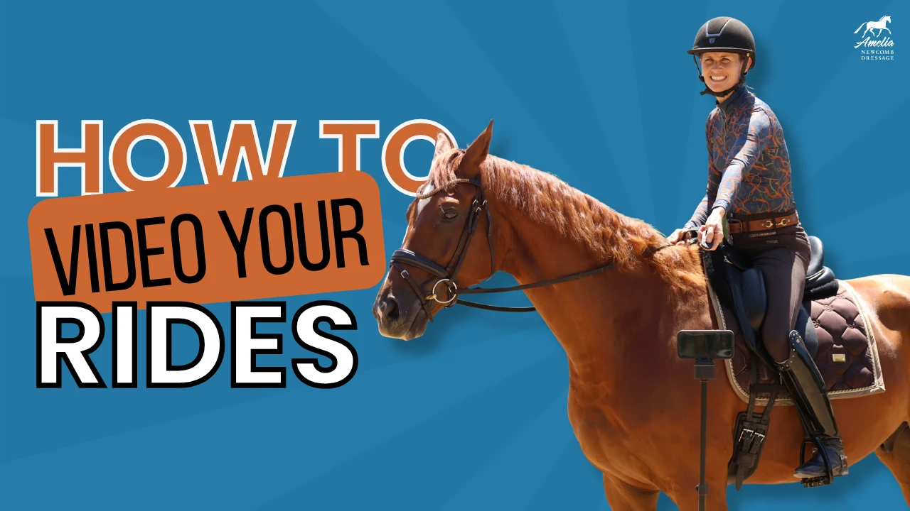 A smiling equestrian on a chestnut horse holds a camera on a stick. Text reads “How to film your rides” on a blue background with the Amelia Newcomb Dressage logo in the corner—perfect tips for those who ride alone.
