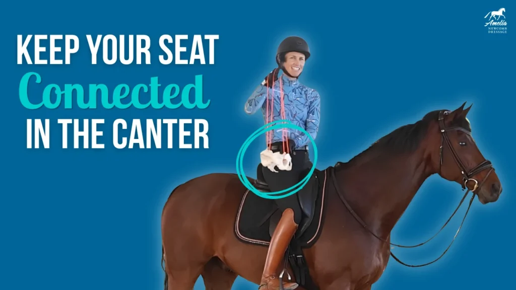 A smiling equestrian in riding gear demonstrates posture while sitting on a brown horse. Text reads, Sit the canter and stay balanced. A teal circle highlights the rider's pelvis area for effective canter riding.