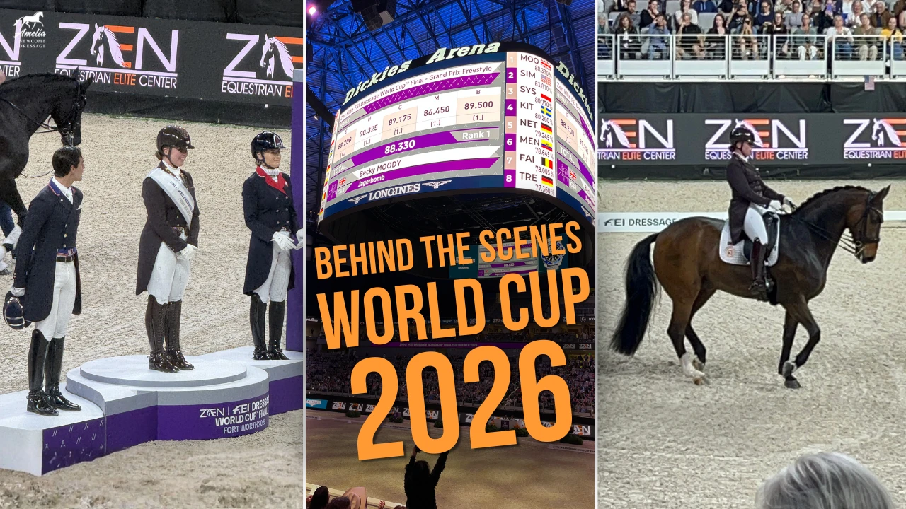 Three photos: medalists stand atop the podium; a large arena scoreboard displays detailed dressage scores; and Amelia Newcomb, attired in professional dressage apparel, performs an expressive extended trot on a bay horse with correct impulsion and engagement. A bold “Behind the Scenes World Cup 2026” graphic overlay appears in bright orange text—these highlights showcase pivotal moments from the event.