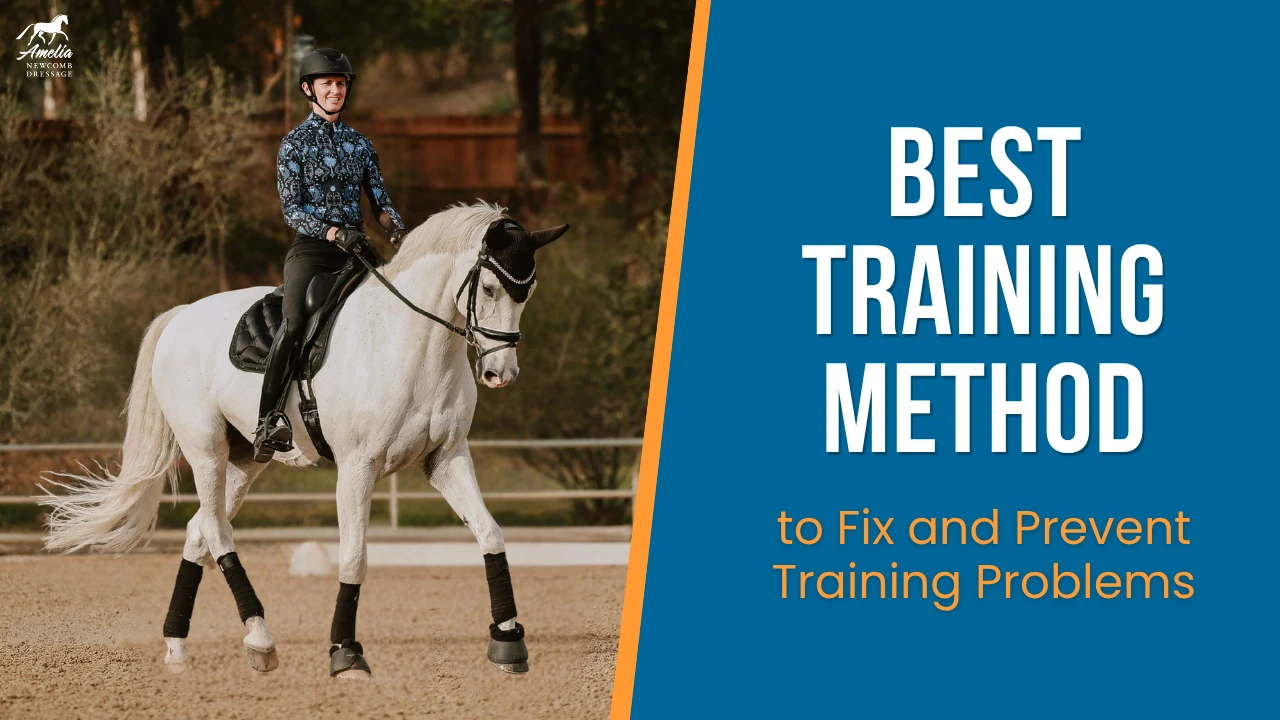 A rider in full gear is guiding a white horse in an outdoor arena. Next to them, bold text reads: Best horse training method to fix and prevent training problems.