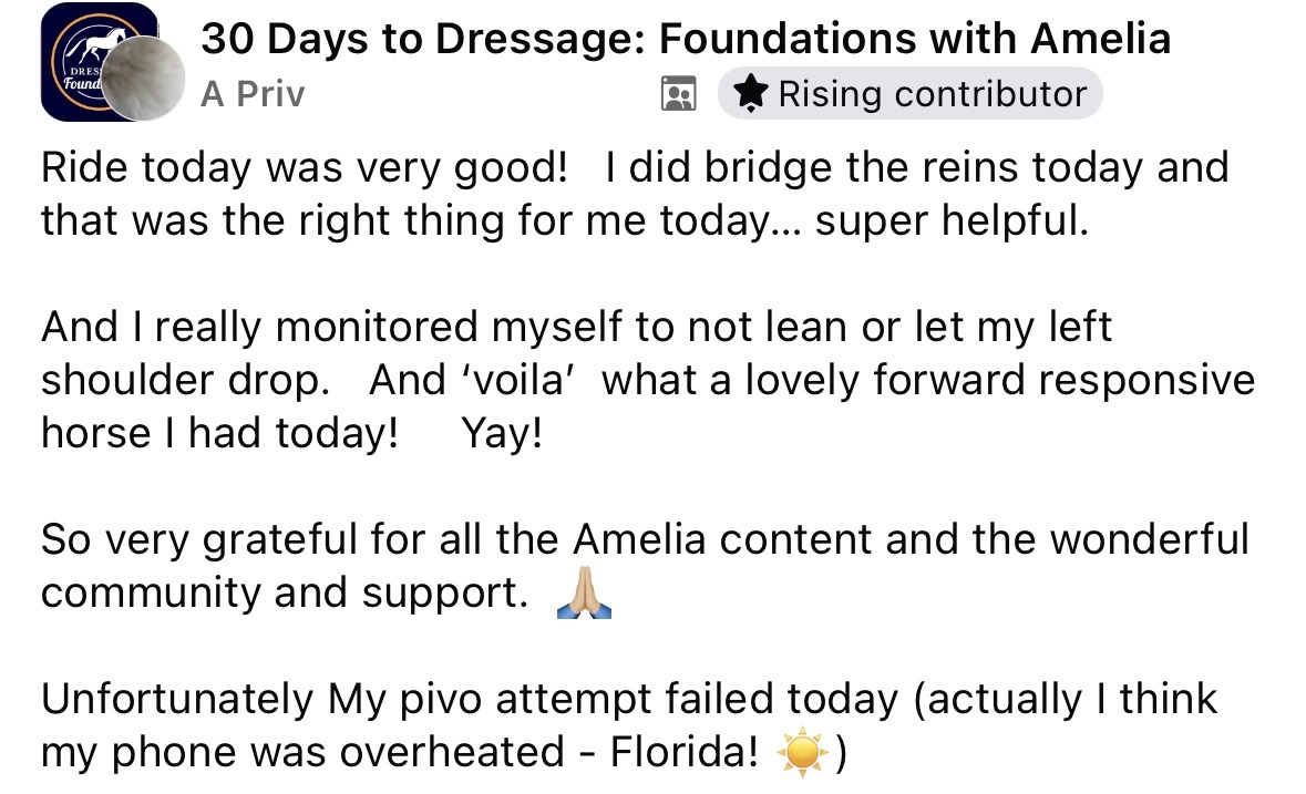 Screenshot of a Facebook post in a dressage group. The user shares a positive riding experience, mentions improving rein technique, thanks the community, and notes a failed video attempt due to phone overheating in Florida.
