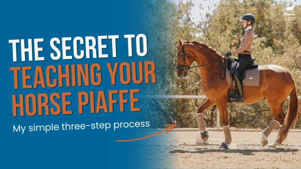 A rider on a bay horse is schooling dressage outdoors, working on elevated diagonal steps indicative of piaffe preparation as part of the training sequence. Text reads: The Secret to Teaching Your Horse Piaffe: My simple three-step process. The scene is bright and sunny, with leafy trees in the background.