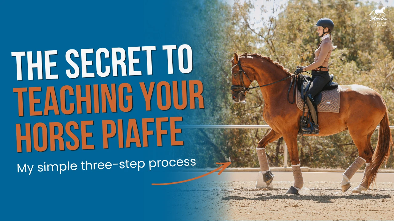 A rider on a bay horse is schooling dressage outdoors, working on elevated diagonal steps indicative of piaffe preparation as part of the training sequence. Text reads: The Secret to Teaching Your Horse Piaffe: My simple three-step process. The scene is bright and sunny, with leafy trees in the background.