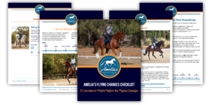 Five digital workbook pages display horseback riding exercises in a structured PDF Checklist format. The center page presents Amelia’s Flying Changes Checklist, featuring a rider performing clean flying changes on a bay horse; the Amelias Dressage Academy logo is present. Other pages include lateral movement tips such as shoulder-in, leg yield, and haunches-in, along with photos illustrating correct seat and rein aids for each exercise.
