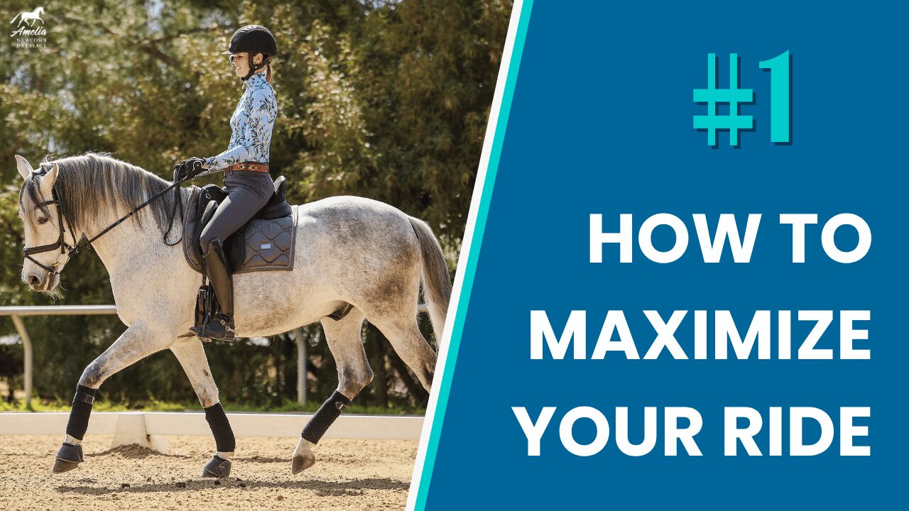 A rider on a grey horse performs in an outdoor arena, demonstrating advanced dressage skills such as collected trot and precise rein aids. Blue text nearby reads “#1 How to Maximize Your Ride,” emphasizing essential techniques for optimizing performance and harmony in the saddle.