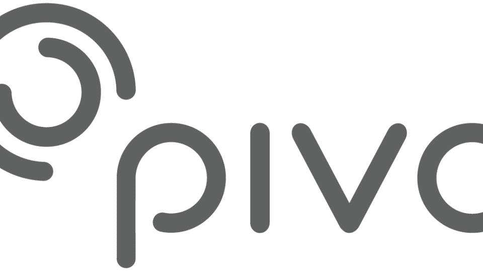The image displays the word Pivo in a modern, rounded gray font, with a circular design resembling a stylized letter p or swirl to the left—reflecting Pivo’s innovative spirit to Film your Ride with style.
