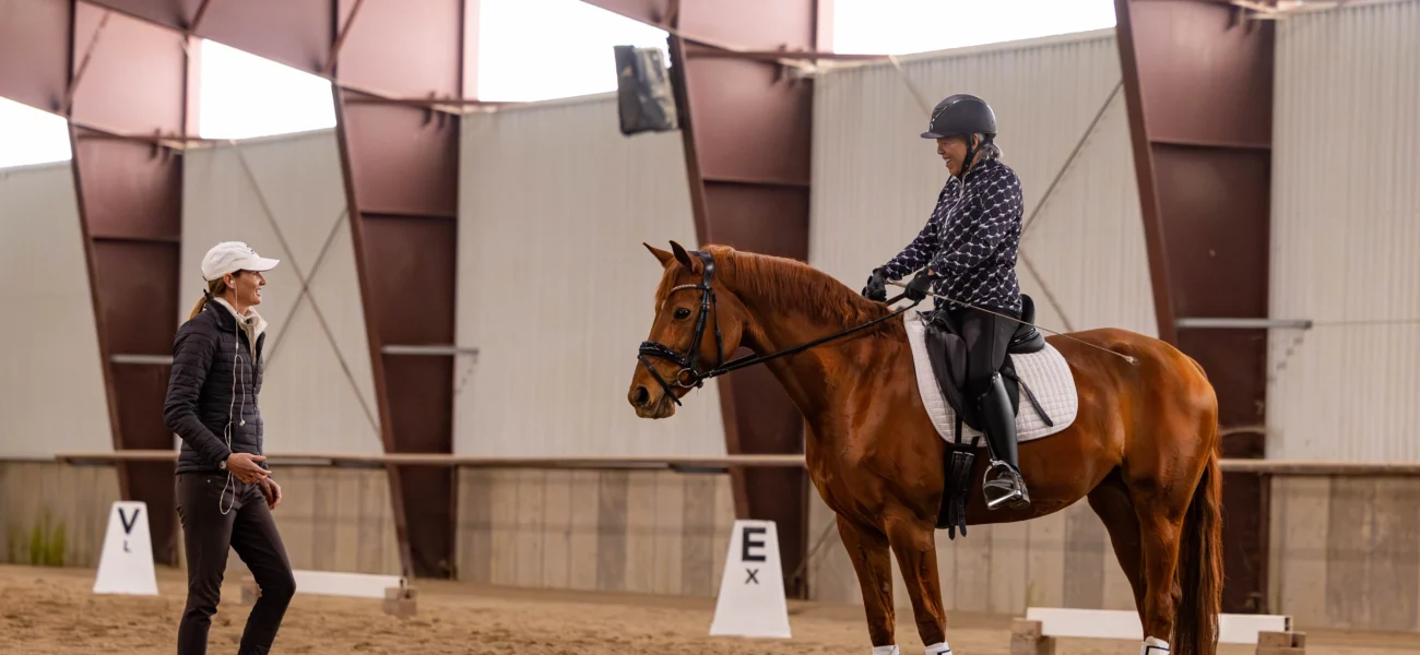 A person on horseback listens to an instructor in an indoor riding arena during a Training Scale Masterclass. The chestnut-colored horse wears white leg wraps, while lettered markers are visible around the arena.
