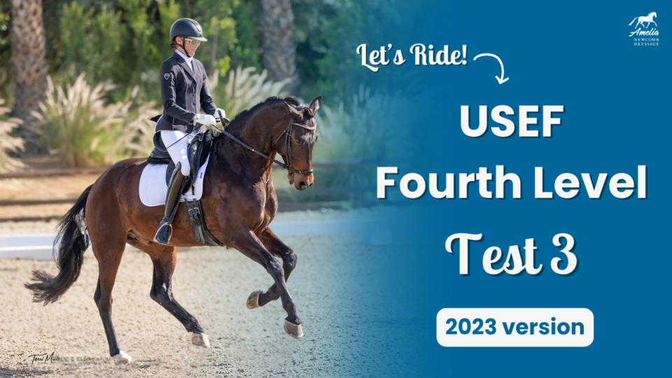 A rider in formal dressage attire guides a dark brown horse in an arena. Text on the right reads: Let’s Ride! Fourth Level Test 3, 2023 version, with the Amelia Newcomb Dressage logo in the corner.